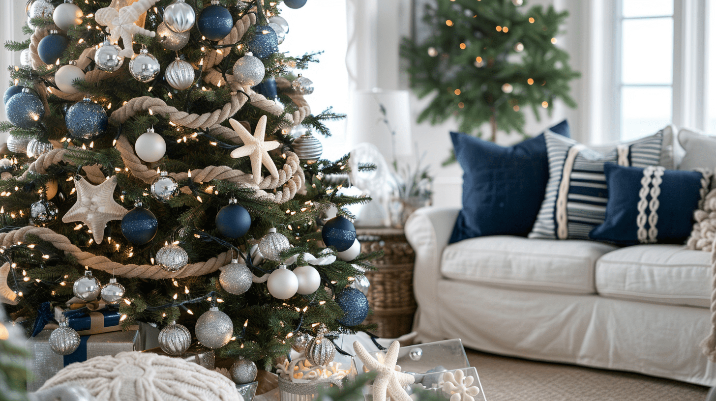 Blue coastal Christmas tree with navy and white ornaments beside a white sofa