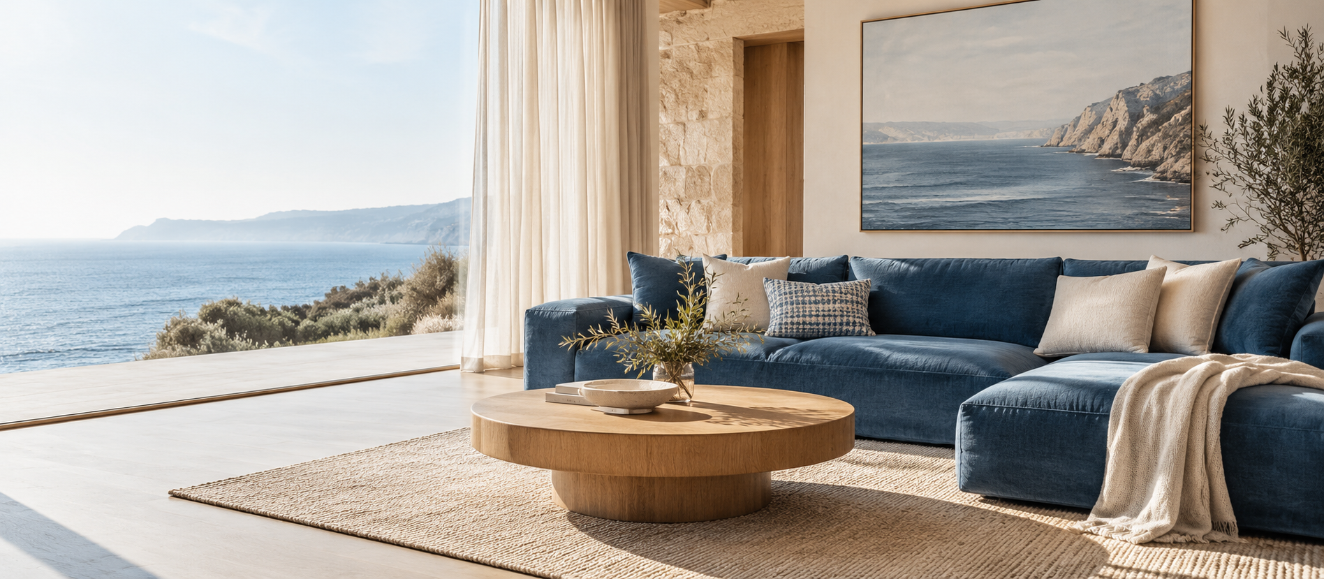 A sunlit coastal living room with a deep blue sectional sofa, a round wooden coffee table on a woven rug and an open terrace looking out to the sea